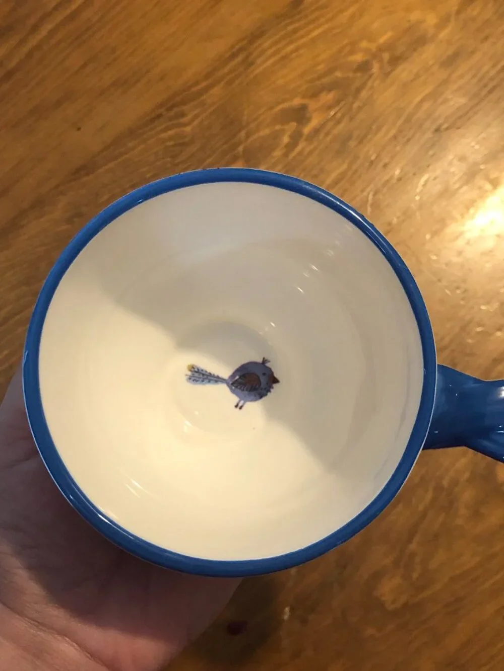 Floral Footed Mug - Boho Wildflower Coffee Cup with Bird Inside - Blue Handle